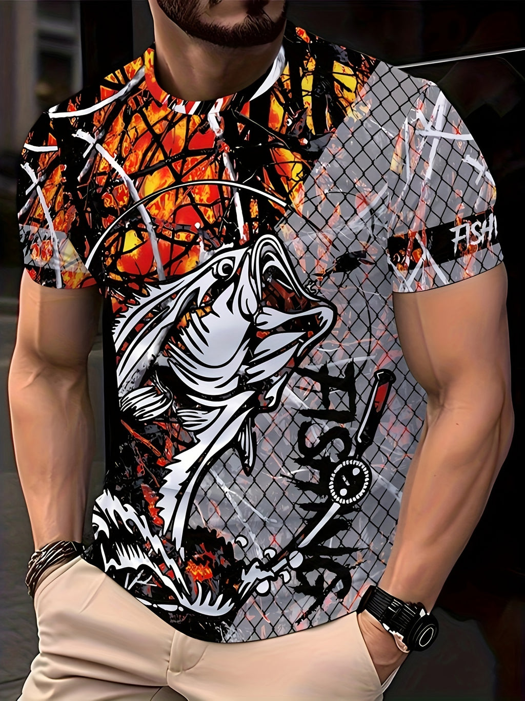 Men's Fashion Casual Crew Neck 3D Fishing Print T-Shirt, 100% Polyester Knit Fabric, Casual Style with Slight Stretch, Regular Fit Animal Pattern Tee