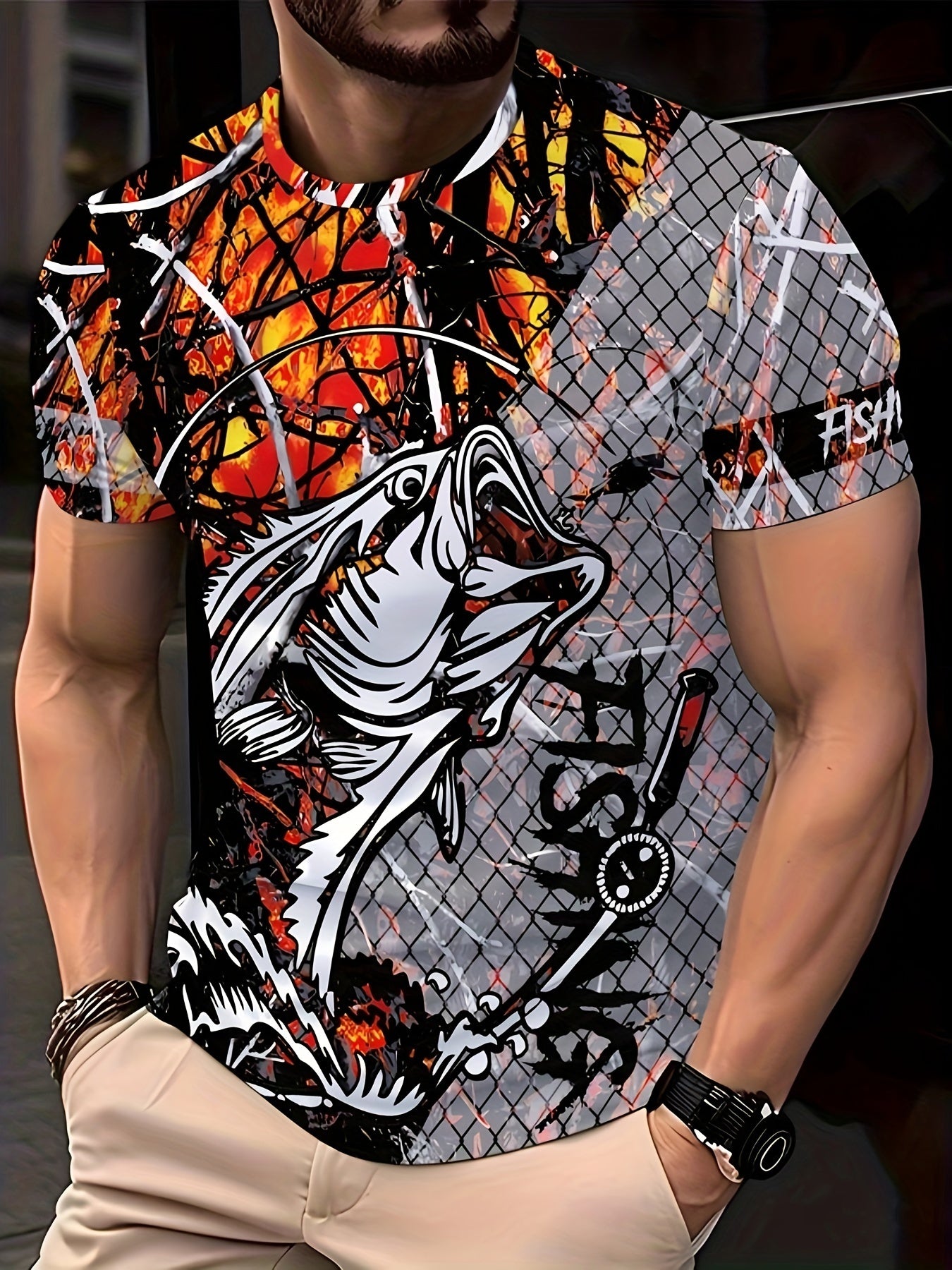 Men's Fashion Casual Crew Neck 3D Fishing Print T-Shirt, 100% Polyester Knit Fabric, Casual Style with Slight Stretch, Regular Fit Animal Pattern Tee
