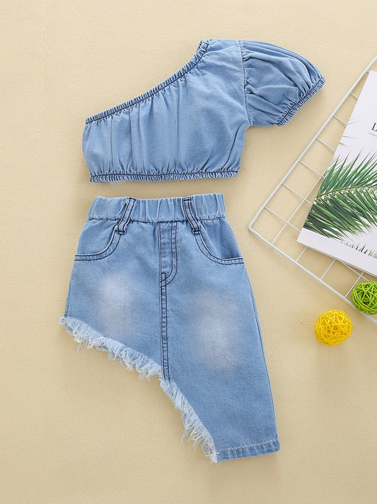 Chic Girls’ Denim 2-Piece Outfit – Off-Shoulder Top &amp; Irregular Raw Hem Skirt | Stylish, Comfortable &amp; Perfect for Summer Wear