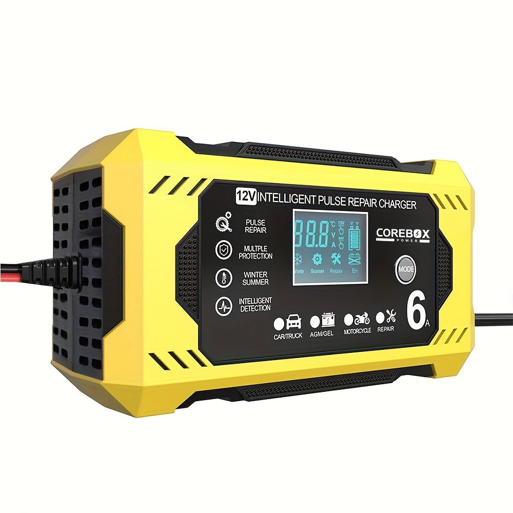 COREBOX 12V 6A Smart Battery Charger with LCD Display, 12V 6A Fast/Trickle Charger, Overcharge/Overheat/Short Circuit/Reverse Polarity, Automatic Switch Mode, Microprocessor Controlled, Compatible with AGM/GEL/SLA/Wet/EFB, 4- - The Superior Findings Depot