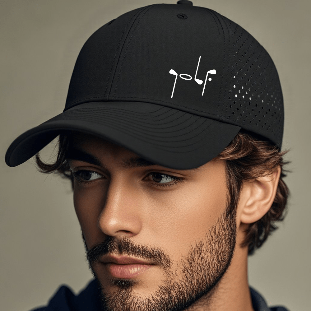 Golf-Themed 6-Panel Cap with Laser Hole Mesh Back, Quick-Dry Breathable Golf Ball & Club Print Hat, Lightweight Adjustable Buckle - 6 Colors (Black/White) for All-Season Outdoor Play, Casual Sportswear for Golfers.wov