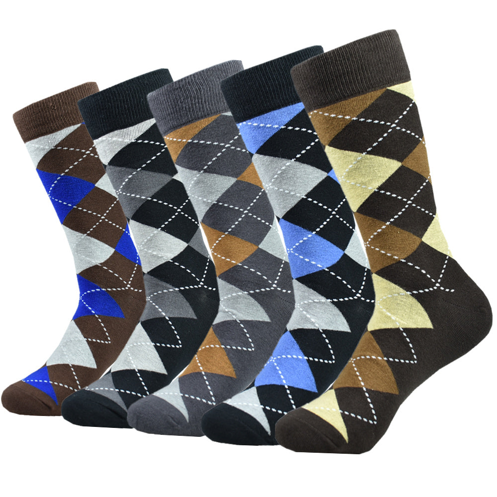 5pairs Men's Cotton Argyle Color Block Soft Crew Socks, Men's Business Socks, Multicolor Set - The Superior Findings Depot