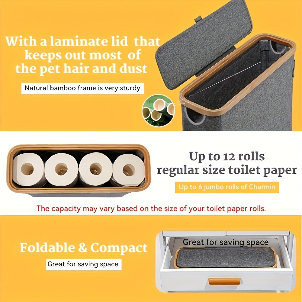 Large Capacity Toilet Paper Holder with Lid - Foldable Wood Frame