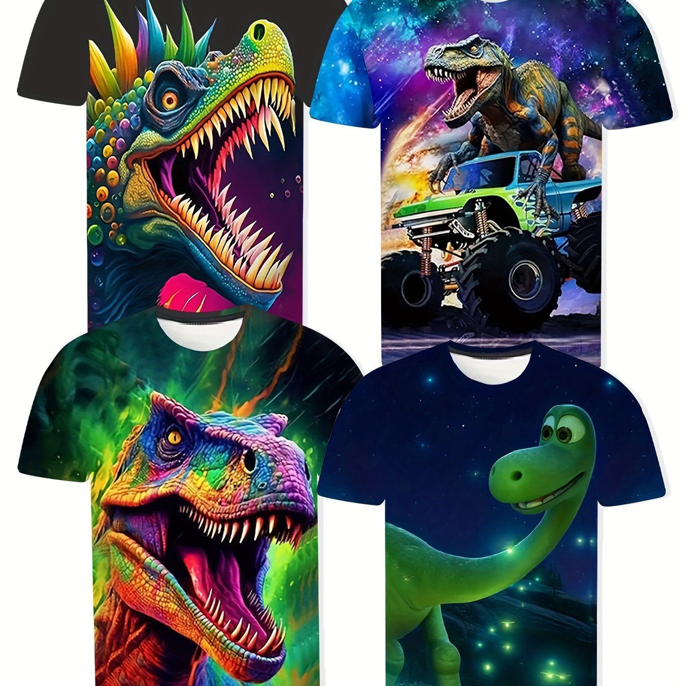 [Cool Dinosaur Tee] 4pcs Cool Dinosaur 3D Print Boys T-shirt | Casual Lightweight Comfy Short Sleeve Tee Tops | Boys Clothes For Summer - The Superior Findings Depot