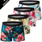 4pcs Flower Pattern Men's Antibacterial Underwear, Casual Boxer Briefs Shorts, Breathable Comfy Stretchy Boxer Sports Shorts - The Superior Findings Depot