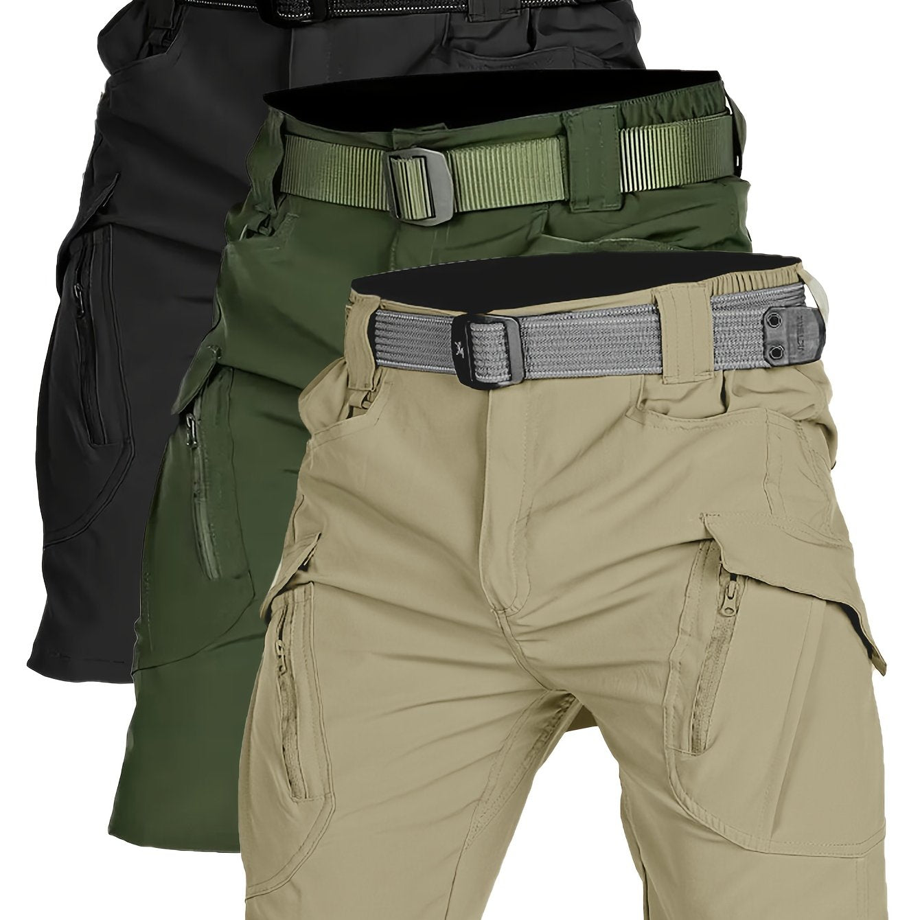 3pcs Men'S Quick-Dry Lightweight Breathable Elastic Waist Tactical Shorts - Summer Outdoor Casual Shorts with Multiple Pockets for Hiking, Running & Training, No Belt Needed, Solid Colors (Olive/Charcoal/Beige), Hiking Shorts - The Superior Findings Depot