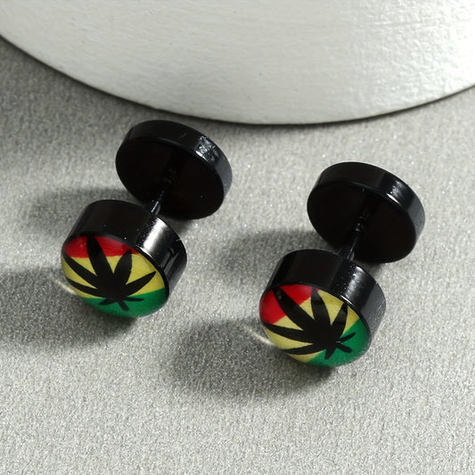 1 Pair Funky Maple Leaf Stainless Steel Stud Earrings - Colorful Design, Non-Magnetic, Hypoallergenic Posts for Casual Attire