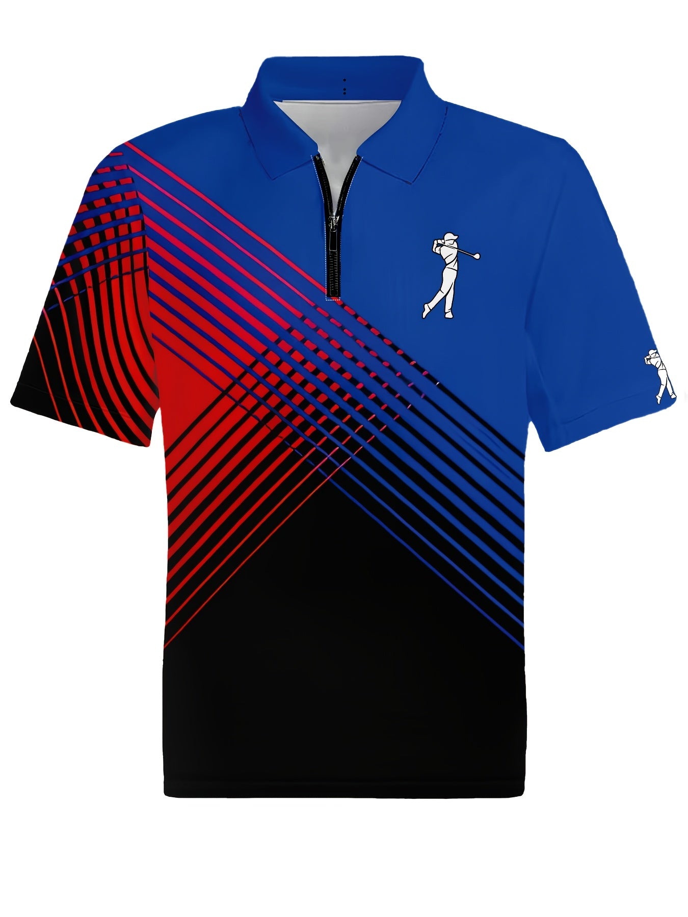 [Neon Polo Shirt] Neon Color Block 3D Digital Print Men's Summer Short Sleeve Polo Shirt | Casual Style, Regular Fit, 100% Polyester, Half Placket, Zipper Detail, Slight Stretch, 150g/m² - Yellow/Blue/Black