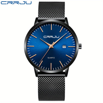CRRJU Men'S Slim Quartz Watch, Casual Style, Round Zinc Alloy Case, Stainless Steel Strap, Pointer Display, Battery Powered, IPX8 Water Resistant, Non-rechargeable Button Battery