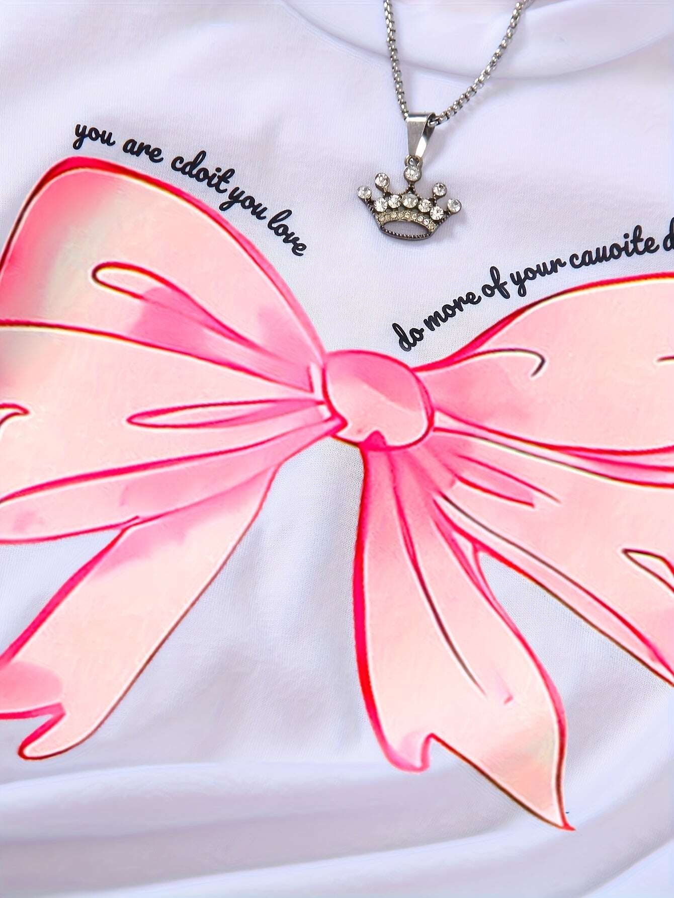 Girls T-Shirt with Sweet Bow Print - Casual Summer Top, Breathable Knit Fabric for Outdoor Shopping & School Activities, White with Blue Bow Design - The Superior Findings Depot