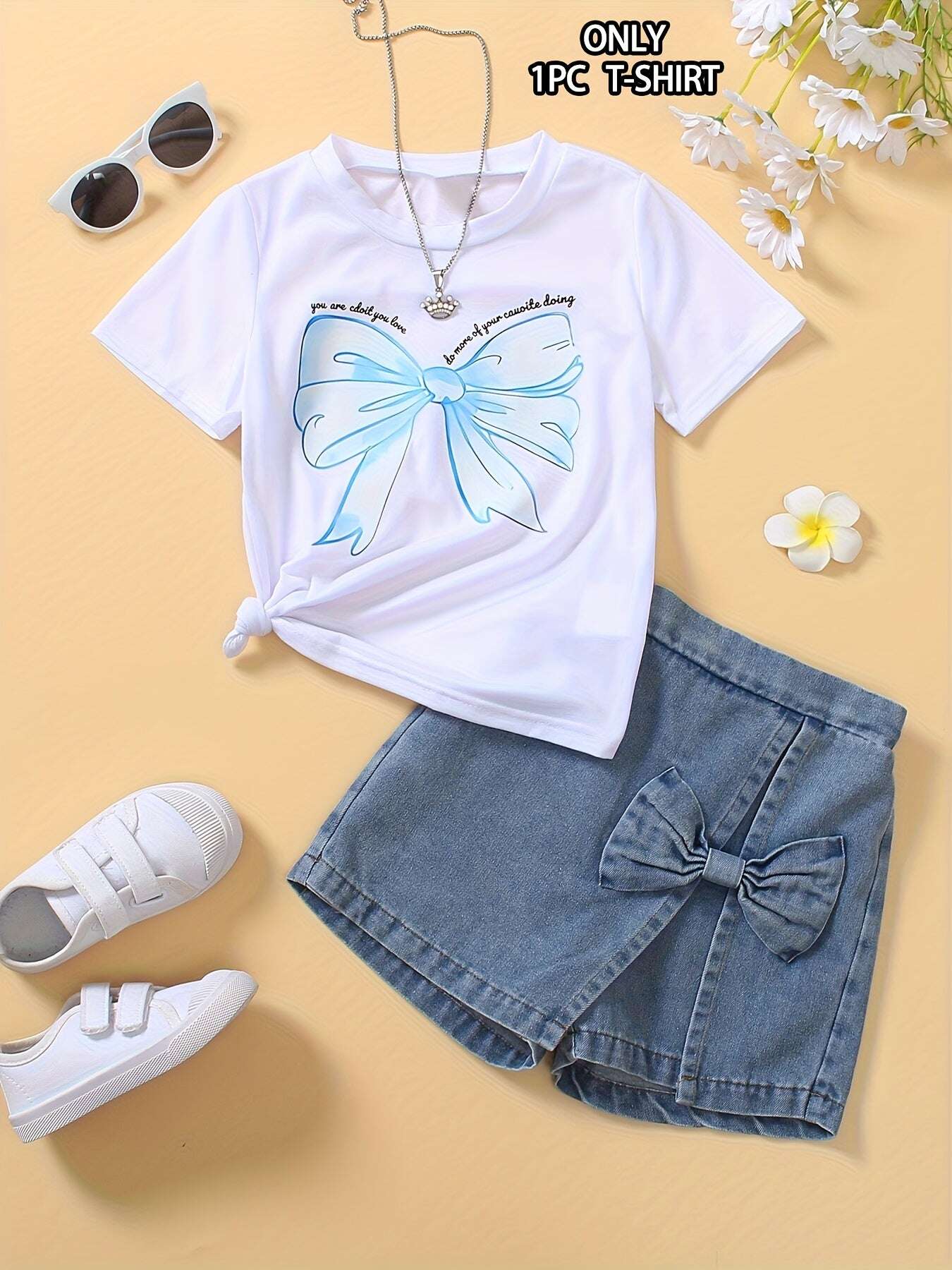 Girls T-Shirt with Sweet Bow Print - Casual Summer Top, Breathable Knit Fabric for Outdoor Shopping & School Activities, White with Blue Bow Design - The Superior Findings Depot