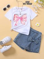 Girls T-Shirt with Sweet Bow Print - Casual Summer Top, Breathable Knit Fabric for Outdoor Shopping & School Activities, White with Blue Bow Design - The Superior Findings Depot