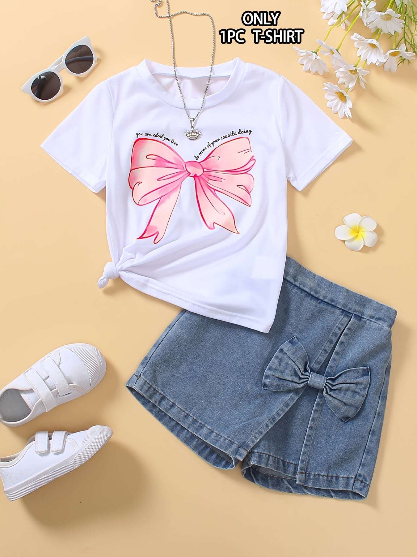 Girls T-Shirt with Sweet Bow Print - Casual Summer Top, Breathable Knit Fabric for Outdoor Shopping & School Activities, White with Blue Bow Design - The Superior Findings Depot