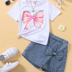 Girls T-Shirt with Sweet Bow Print - Casual Summer Top, Breathable Knit Fabric for Outdoor Shopping & School Activities, White with Blue Bow Design - The Superior Findings Depot