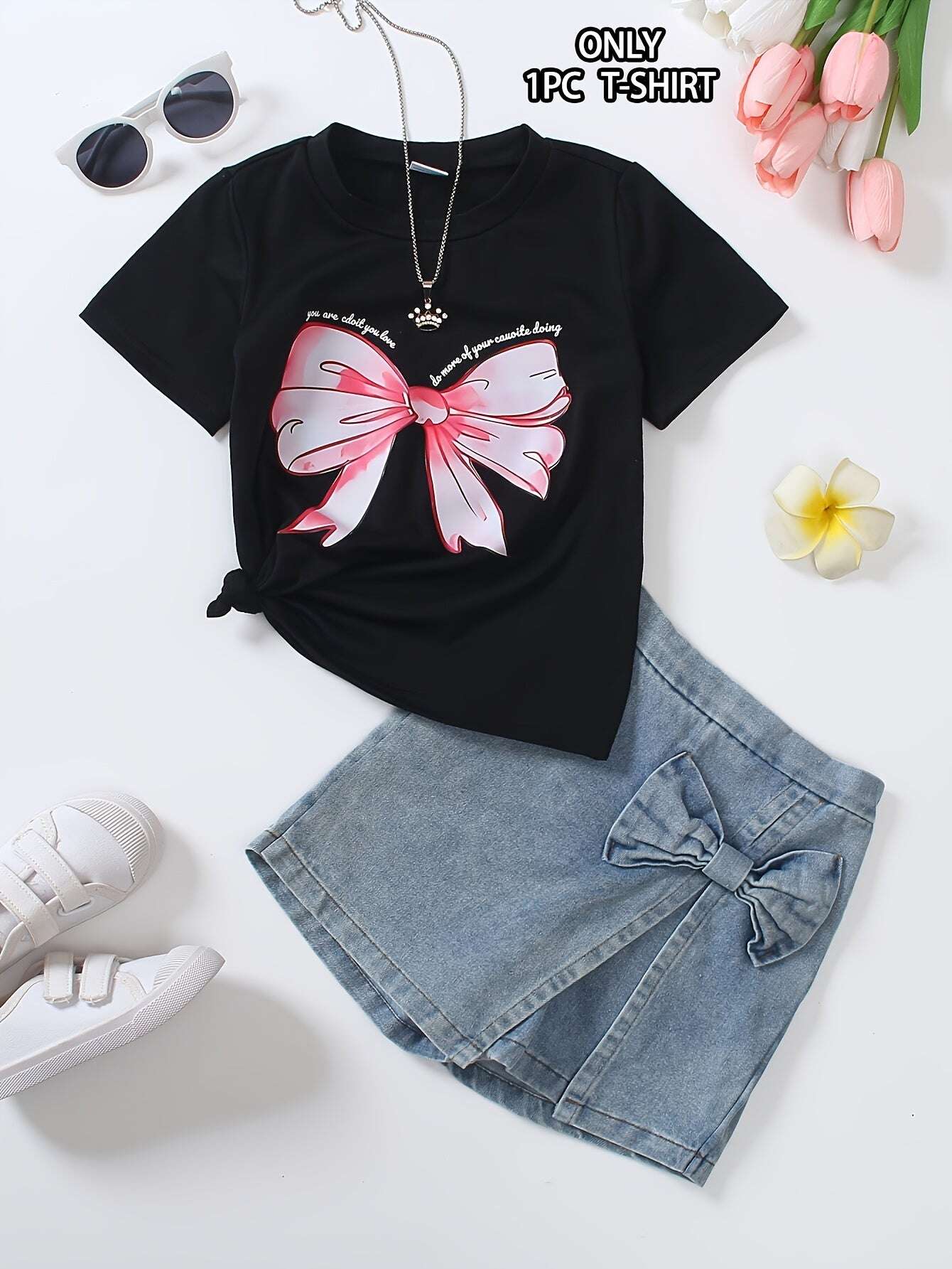 Girls T-Shirt with Sweet Bow Print - Casual Summer Top, Breathable Knit Fabric for Outdoor Shopping & School Activities, White with Blue Bow Design - The Superior Findings Depot