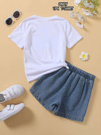 Girls T-Shirt with Sweet Bow Print - Casual Summer Top, Breathable Knit Fabric for Outdoor Shopping & School Activities, White with Blue Bow Design - The Superior Findings Depot