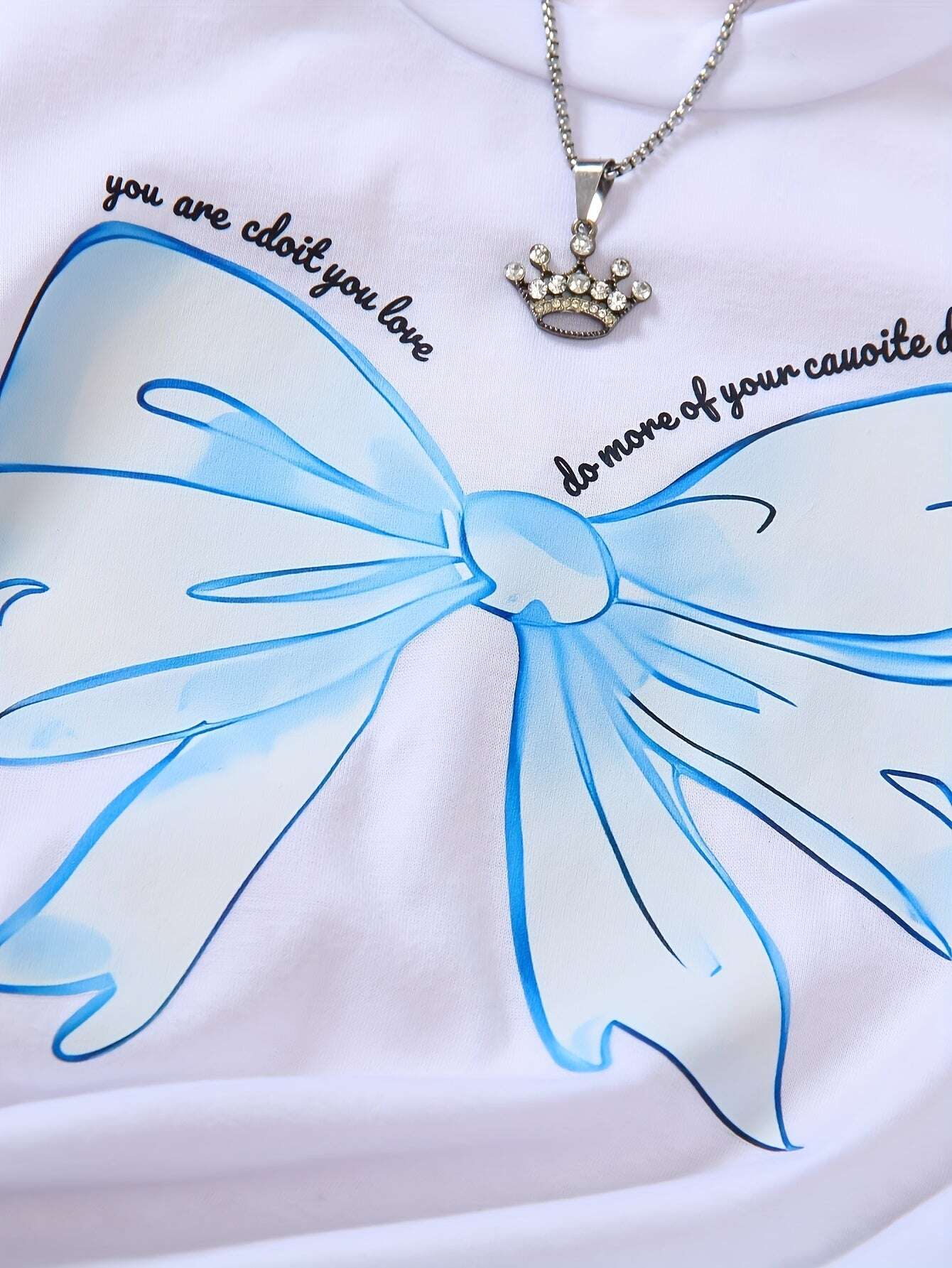 Girls T-Shirt with Sweet Bow Print - Casual Summer Top, Breathable Knit Fabric for Outdoor Shopping & School Activities, White with Blue Bow Design - The Superior Findings Depot