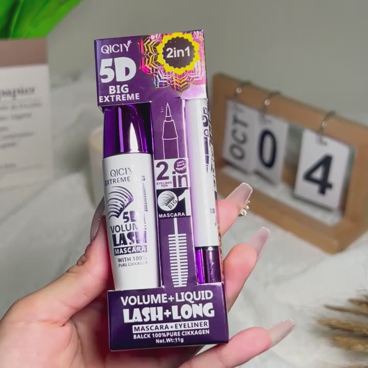 QICI 5D EXTREME 2in1 Mascara + Eyeliner Set - Waterproof, Long-Lasting, Smudge-Proof, Volume & Length Enhancing, Black Liquid Eyeliner with 10ml Brush, 24-Hour Wear, 1pc/2pcs, Beauty Essentials|Bold Eye Makeup|Smudgeproof Lin