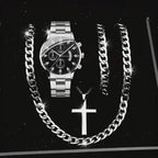 4pcs Men's Cool Trendy Silvery Watch + Chain Accessory Set, Quartz Movement, Zinc Alloy Case & Strap, Electronic Drive, Non-Rechargeable Battery, Round Dial, Pointer Display, Sports Style, Suitable for Him on Anniversary Birt