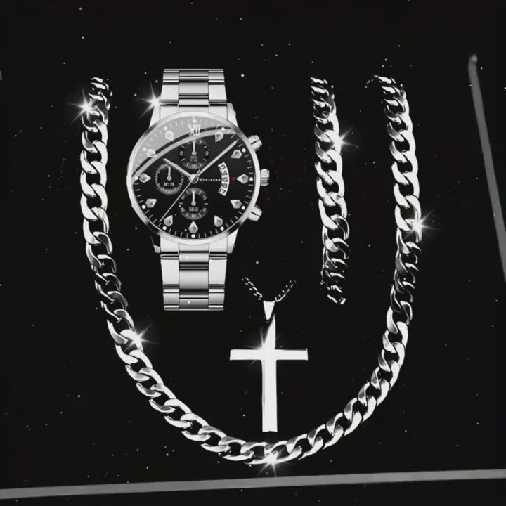 4pcs Men's Cool Trendy Silvery Watch + Chain Accessory Set, Quartz Movement, Zinc Alloy Case & Strap, Electronic Drive, Non-Rechargeable Battery, Round Dial, Pointer Display, Sports Style, Suitable for Him on Anniversary Birt