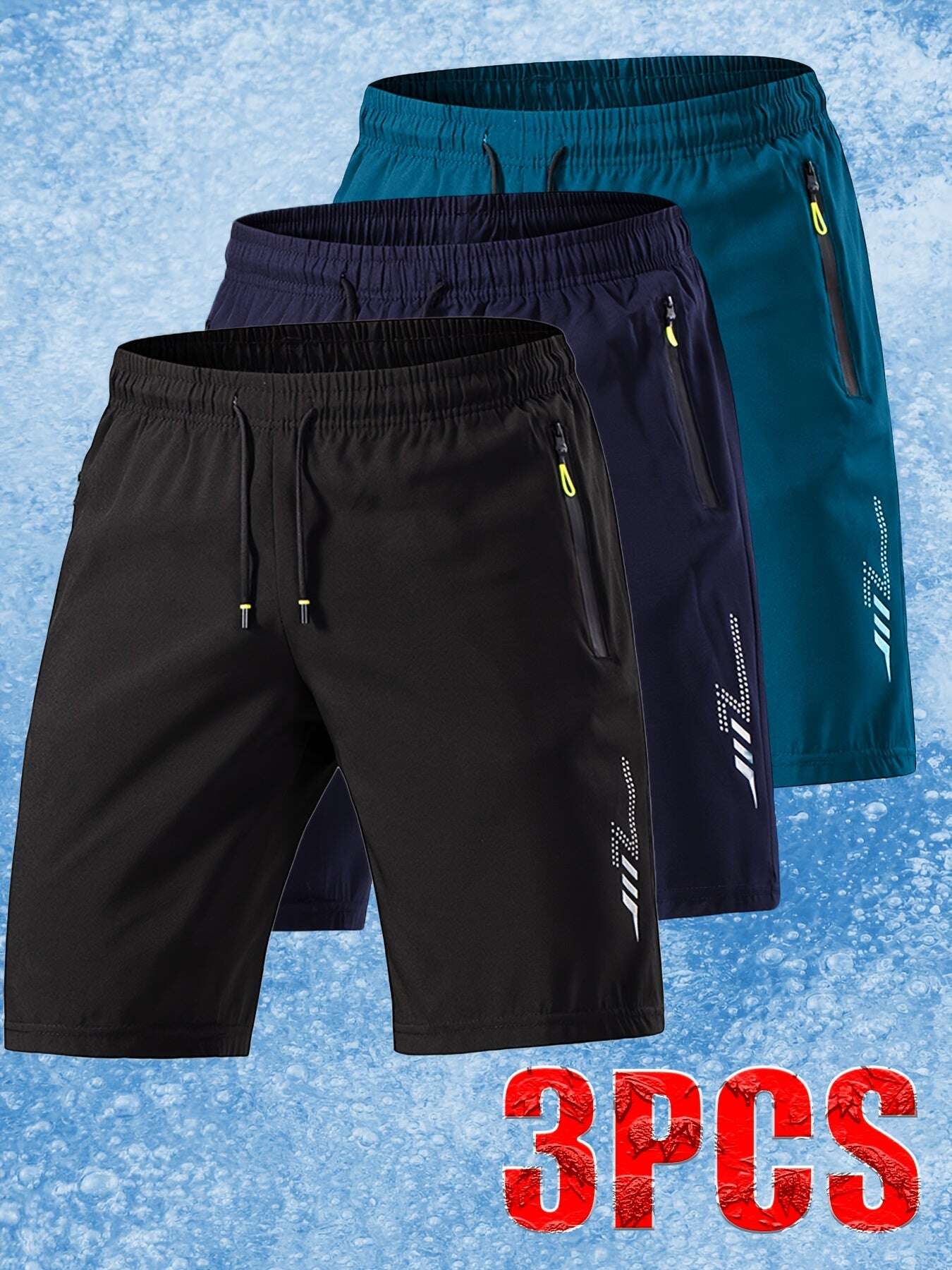 [Soft Comfortable] 3pcs Men's Ice Silky Fiber Fabric Sport Shorts - Soft Comfortable Quick-Dry Athletic Shorts with Lightning Print, Regular Fit Casual & Gym Shorts for Gym, Travel, Trendy Design, Breathable Material, Summer - The Superior Findings Depot