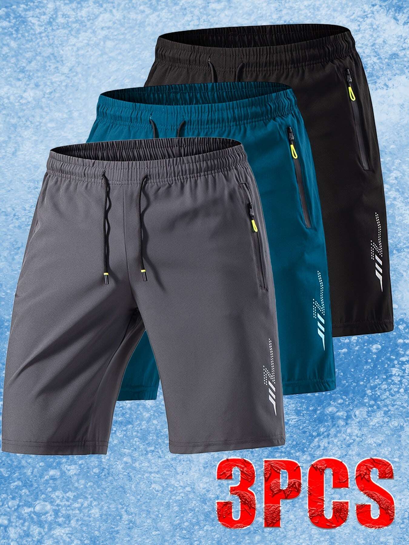 [Soft Comfortable] 3pcs Men's Ice Silky Fiber Fabric Sport Shorts - Soft Comfortable Quick-Dry Athletic Shorts with Lightning Print, Regular Fit Casual & Gym Shorts for Gym, Travel, Trendy Design, Breathable Material, Summer - The Superior Findings Depot