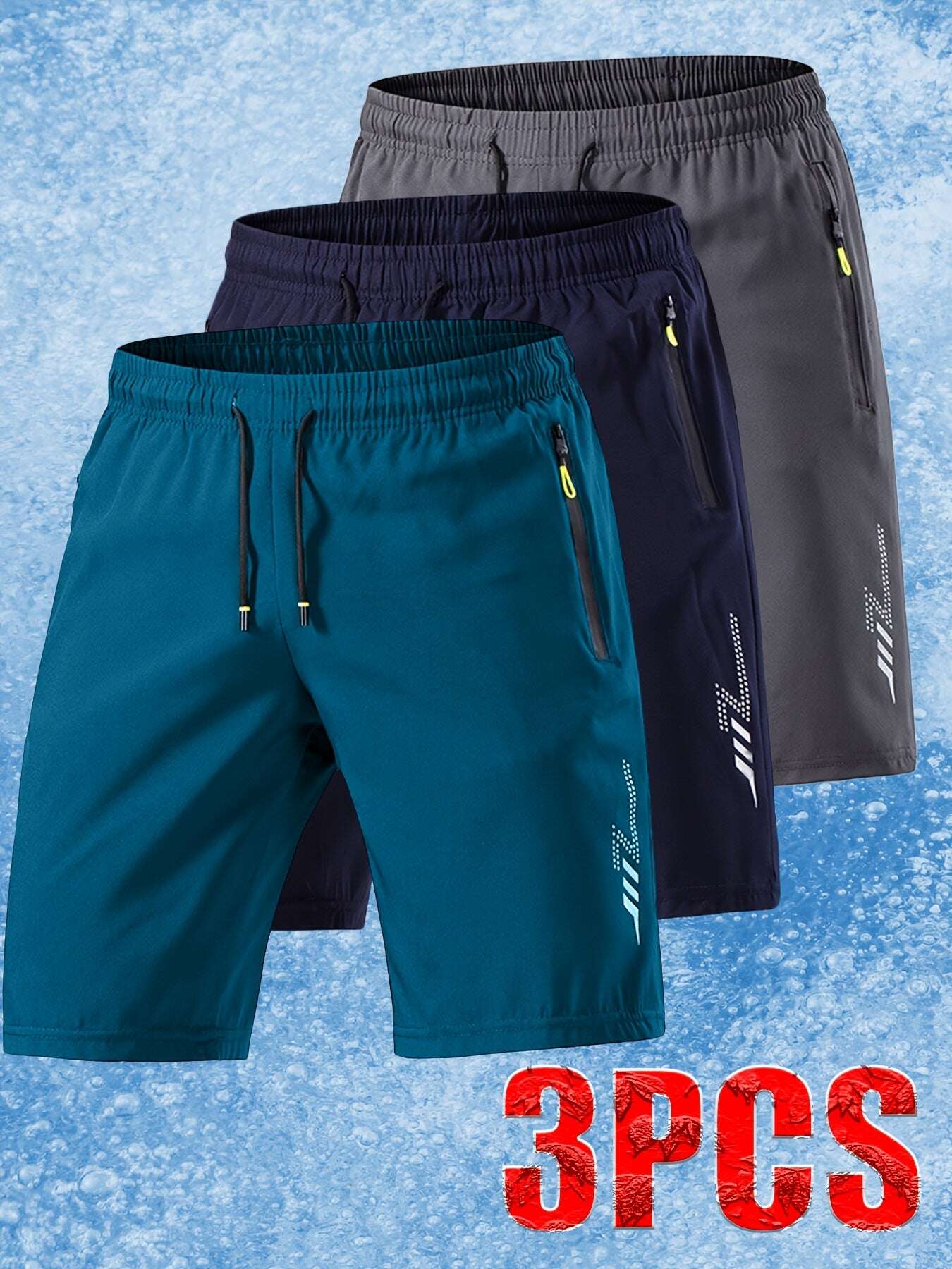 [Soft Comfortable] 3pcs Men's Ice Silky Fiber Fabric Sport Shorts - Soft Comfortable Quick-Dry Athletic Shorts with Lightning Print, Regular Fit Casual & Gym Shorts for Gym, Travel, Trendy Design, Breathable Material, Summer - The Superior Findings Depot