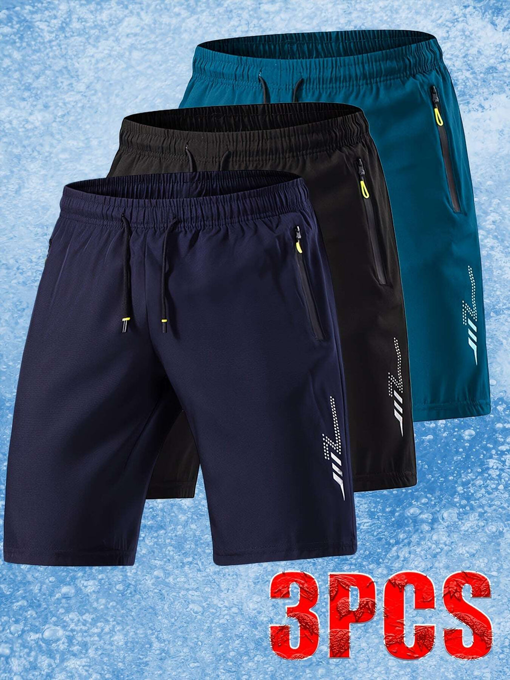 [Soft Comfortable] 3pcs Men's Ice Silky Fiber Fabric Sport Shorts - Soft Comfortable Quick-Dry Athletic Shorts with Lightning Print, Regular Fit Casual & Gym Shorts for Gym, Travel, Trendy Design, Breathable Material, Summer - The Superior Findings Depot